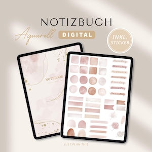 Könnte beinhalten: Digitales Aquarell-Notizbuch mit einem rosafarbenen und goldenen Design. Das Notizbuch enthält einen Satz digitaler Sticker mit Wochentagen, Formen und anderen dekorativen Elementen. Der Text "NOTIZBUCH Aquarell DIGITAL INKL. STICKER" ist auf dem Bild zu sehen.