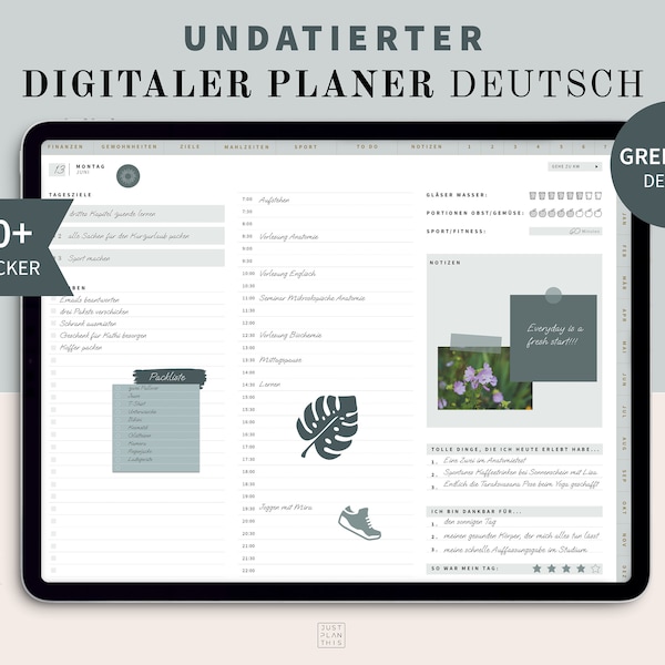 Digitaler Planer Undatiert Deutsch, iPad Planer, Terminplaner digital, GoodNotes Kalender, Tagesplaner PDF, 1500 Digitale Sticker