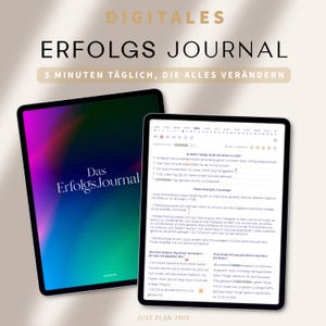 Könnte beinhalten: Ein digitales Journal mit einem rosa, violetten und blauen Farbverlauf im Hintergrund. Das Journal trägt den Titel "Das Erfolgs Journal" und hat oben den Text "Digitales Erfolgs Journal 5 Minuten täglich, die alles verändern". Das Journal enthält einen Kalender und einen Abschnitt für tägliche Reflexionen.