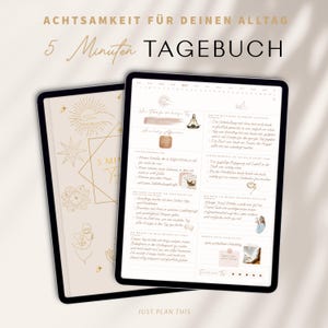 Può includere: Un planner digitale rosa e oro con il testo "Achtsamkeit für deinen Alltag 5 Minuten Tagebuch" sulla copertina. Il planner ha un design minimalista con illustrazioni di stelle, occhi e un viso.
