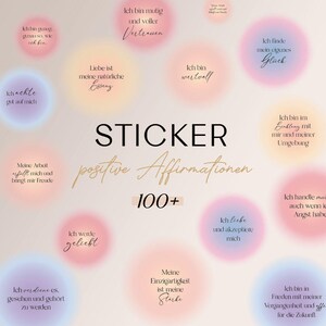 Könnte beinhalten: Ein Set runder, bunter Sticker mit positiven Affirmationen auf Deutsch. Die Sticker sind in verschiedenen Pastellfarben gehalten und in einem Raster angeordnet. Der Text auf den Stickern enthält Sätze wie "Ich bin mutig" und "Ich liebe und akzeptiere mich".