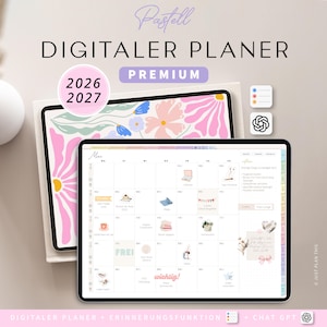 Könnte beinhalten: Ein digitaler Planer auf einem Tablet, mit floralem Design und dem Text "DIGITALER PLANER PREMIUM" und "2026 2027". Die Oberfläche des Planers zeigt ein Kalenderlayout mit Symbolen und Text. Der untere Teil des Bildes lautet "DIGITALER PLANER + ERINNERUNGSFUNKTION + CHAT GPT".
