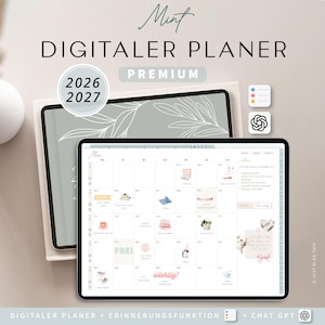 Könnte beinhalten: Zwei digitale Tablets mit einem digitalen Planer. Das obere Tablet zeigt ein florales Design, während das untere Tablet ein Kalenderlayout mit Symbolen anzeigt. Der Text auf dem Bild lautet "Mint DIGITALER PLANER PREMIUM 2026 2027".