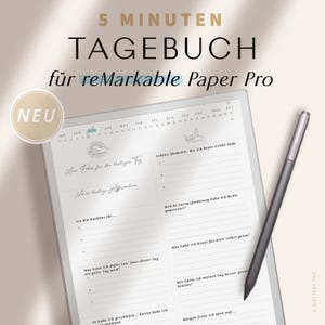 Może przedstawiać: Biała strona z siatką kalendarza i 5-minutowym dziennikiem dla reMarkable Paper Pro. Dziennik zawiera podpowiedzi do wyrażania wdzięczności, afirmacji i refleksji.