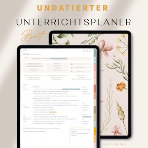 Könnte beinhalten: Ein digitaler Unterrichtsplaner mit dem Titel "Undatierter Unterrichtplaner Bunt" auf einem Tablet-Bildschirm. Der Planer ist auf einer Seite geöffnet, die einen Abschnitt für die Unterrichtsplanung, Materialien und Reflexion enthält. Das Tablet befindet sich auf einem rosa Hintergrund mit einem Aquarell-Blumenmuster.