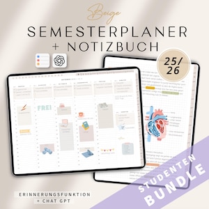 2025 2026 Digitaler Semesterplaner mit Notizbuch / Studentenplaner digital für iPad /  GOODNOTES Planer ·/ Studienplaner digital Beige