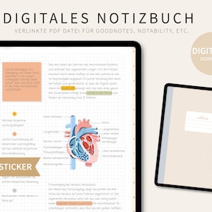 Könnte beinhalten: Digitales Notizbuch mit verknüpfter PDF-Datei für GoodNotes, Notability usw. Das Bild zeigt ein digitales Notizbuch mit einem Herzdiagramm und Text auf Deutsch. Enthält über 100 Aufkleber. Das Notizbuch befindet sich auf einem Tablet.