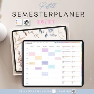 Op de afbeelding: Een digitale semesterplanner voor 26/27 weergegeven op twee tablets. De bovenste tablet toont een bloemenachtergrond, terwijl de onderste tablet een wekelijks rooster toont met gekleurde blokken voor cursussen en de tekst STUNDENPLAN.