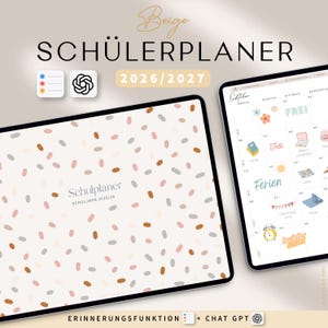 Könnte beinhalten: Ein digitaler Schülerplaner für 2026/2027 mit beigem Einband und einem Streumuster aus kleinen braunen, rosafarbenen und grauen Ovalen. Der Planer zeigt den Text SCHÜLERPLANER und enthält eine Monatsansicht mit bunten Stickern zur Organisation.