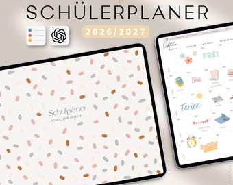 May include: A digital student planner for 2026/2027 with a beige cover featuring a scattered pattern of small brown, pink, and grey oval shapes. The planner displays the text SCHÜLERPLANER and includes a monthly calendar view with colourful stickers.