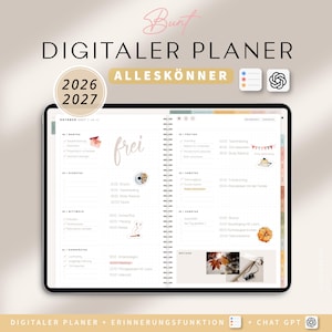 Könnte beinhalten: Digitaler Planer mit rosa und weißem Design, mit dem Text "DIGITALER PLANER" und "ALLESKÖNNER". Der Planer enthält einen Kalender für 2026 und 2027, mit einem detaillierten Oktober 2025 Layout. Er hat Abschnitte für Organisation, Lifestyle und Notizen.