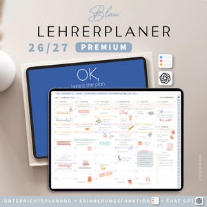 Könnte beinhalten: Zwei Tablets, die einen digitalen Planer anzeigen. Das obere Tablet zeigt einen blauen Bildschirm mit dem Text "OK, here's the plan." Das untere Tablet zeigt ein Kalenderlayout mit farbenfrohen Symbolen und Text. Der Text "LEHRERPLANER 26/27 PREMIUM" ist enthalten.