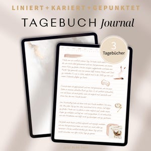 May include: A digital planner with a lined, grid, and dotted page layout. The planner is open to a page with handwritten text in German. The text includes the words "Tagebuch Journal" and "Just Plan This". The image also includes a digital illustration of a woman doing yoga and a cup of tea with a tea bag.