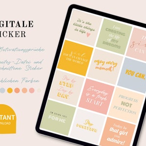 Könnte beinhalten: Ein digitaler Sticker-Set mit 24 motivierenden Zitaten in verschiedenen Farben. Die Zitate beinhalten "Es sind die kleinen Dinge im Leben", "Ich erschaffe das Leben meiner Träume", "Dieses Mädchen kann", "Du kannst die Welt verändern", "Genieße jeden Moment", "Du kannst", "Schritt für Schritt, Tag für Tag", "Jeder Tag ist ein Neuanfang", "Fortschritt, nicht Perfektion", "Ich mache das für mich", "Bleib positiv", "Sei heute das Mädchen, das du bewunderst!"