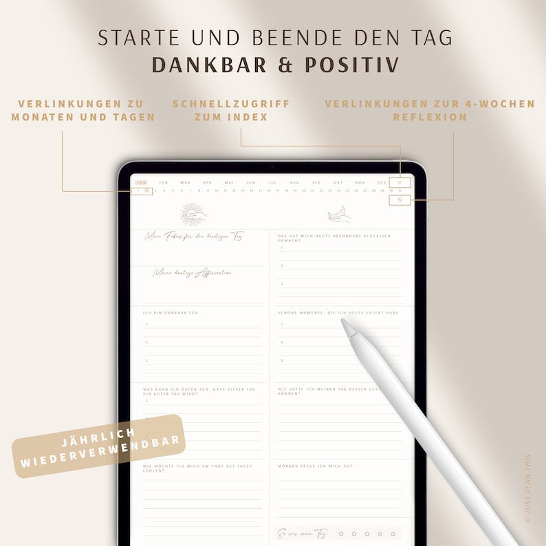 Dankbarkeitstagebuch / 5 Minuten Tagebuch deutsch / Digitales Tagebuch für mehr Dankbarkeit, Achtsamkeit & Selbstliebe / GOODNOTES Tagebuch Bild 2