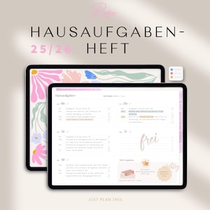 Puede incluir: Dos tabletas digitales que muestran un planificador con diseños florales y el texto "HAUSAUFGABEN-25/26 HEFT". Una tableta muestra un diseño floral rosa y blanco. La otra muestra un diseño de planificador con texto y casillas de verificación.