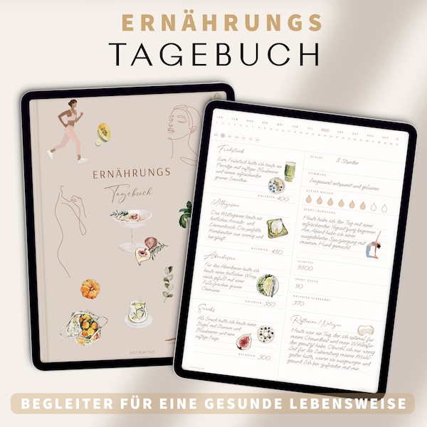 Digitales Ernährungstagebuch / Essenstagebuch digital / Ernährungsplan / Kalorien Tracking / Mahlzeiten Tracker / Fitness und Abnehmtagebuch