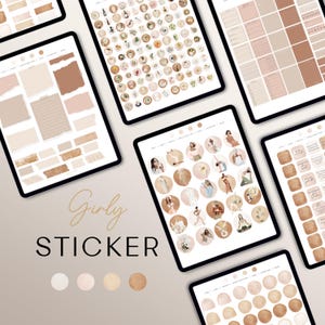 Puede incluir: Conjunto de pegatinas digitales con una estética femenina. Las pegatinas presentan varios diseños, incluyendo ilustraciones de personas, formas abstractas y texto. Las pegatinas son en tonos de marrón, rosa y blanco.