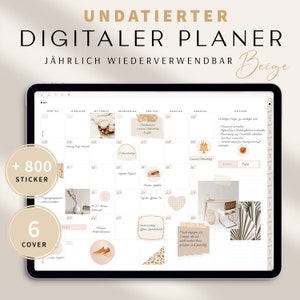 Puede incluir: Un planificador digital con fondo beige y una vista de calendario para el mes de mayo. El planificador incluye más de 800 pegatinas y 6 opciones de portada. El planificador no está fechado y es reutilizable.
