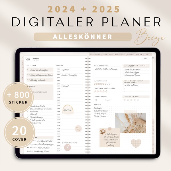 Digitaler Planer 2024 + 2025 Deutsch Alleskönner / GOODNOTES Kalender / iPad Planner digital Beige / 800 digitale Sticker / 17000 Hyperlinks
