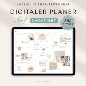 Könnte beinhalten: Ein digitaler Planer auf einem Laptop-Bildschirm mit mintgrünem Hintergrund. Der Planer ist undatiert und enthält 800 Sticker. Der Planer hat eine Monatskalenderansicht mit einem Rasterlayout. Der Kalender ist mit verschiedenen Stickern und Notizen gefüllt. Der Text "JÄHRLICH WIEDERVERWENDBAR DIGITALER PLANER Mint UNDATIERT 800 STICKER" wird oben im Bild angezeigt.
