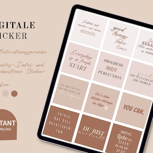Könnte beinhalten: Ein digitaler Sticker-Set mit 24 motivierenden Zitaten in verschiedenen Farben. Die Zitate werden auf einem Tablet-Bildschirm angezeigt. Die Zitate beinhalten "gute Dinge brauchen Zeit", "Fortschritt, nicht Perfektion", "du kannst die Welt verändern" und "es sind die kleinen Dinge im Leben".