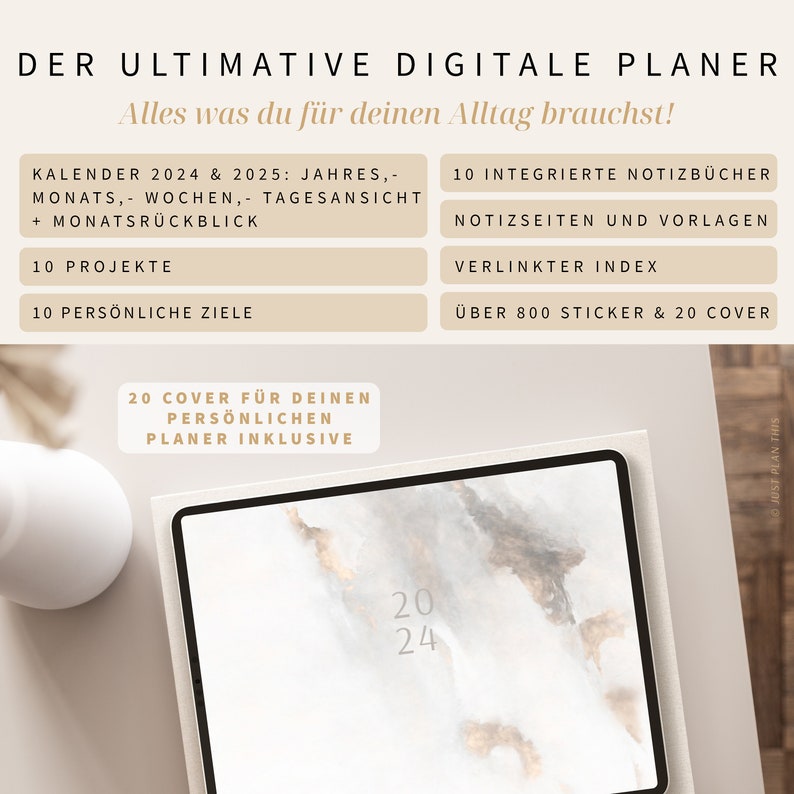 Digitaler Planer 2024 2025 Deutsch / GOODNOTES Kalender / iPad Planner / Bullet Journal digital Beige / 800 digitale Sticker Bild 10