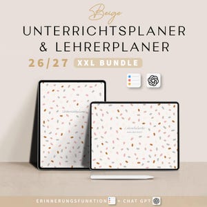 Könnte beinhalten: Ein Unterrichtsplaner und Lehrerplaner Bundle für 26/27 mit beigem Hintergrund und einem Muster aus kleinen, verstreuten ovalen Formen in Rosa, Braun und Grau. Der Text lautet Beige UNTERRICHTSPLANER & LEHRERPLANER 26/27 XXL BUNDLE.