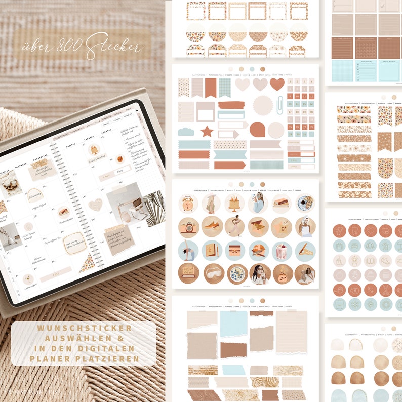 Digitaler Planer 2024 2025 Deutsch / GOODNOTES Kalender / iPad Planner / Bullet Journal digital Beige / 800 digitale Sticker Bild 9