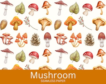 Mushroom Seamless Paper - Mushroom Digital Paper, Scrapbooking Paper, Junk Journal, Fungi, Fall, Themed, Printable, Pattern Paper