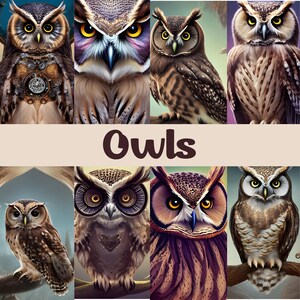 May include: A collage of ten different owl images. The owls are all in various poses and have different colors and patterns. The word "Owls" is written in large, brown letters across the middle of the collage.