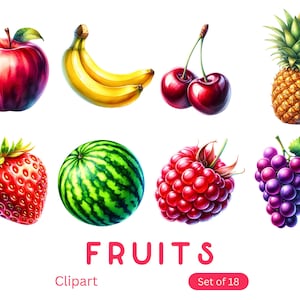 Obst Clipart - Frisches Obst - Aquarell Stil - Apfel, Banane, Orange, Birne, Mango, Trauben, Himbeere, Blaubeere, Ananas, Zitrone