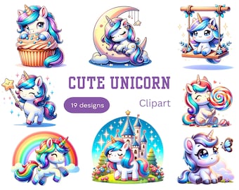 Conjunto de imágenes prediseñadas de unicornios fantásticos – Imágenes PNG, manualidades para niños (descarga digital)