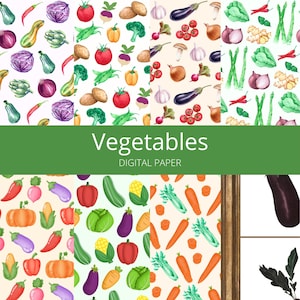 Puede incluir: Un paquete de papel digital con 10 patrones sin costuras que presentan ilustraciones de acuarela de varias verduras. Los patrones incluyen zanahorias, cebollas, ajos, berenjenas, pimientos, maíz y más. Los patrones son perfectos para crear proyectos digitales e impresos.