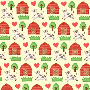May include: A seamless pattern featuring red barns, green grass, and white cows with black spots. The background is a light yellow color and there are red hearts scattered throughout the pattern.