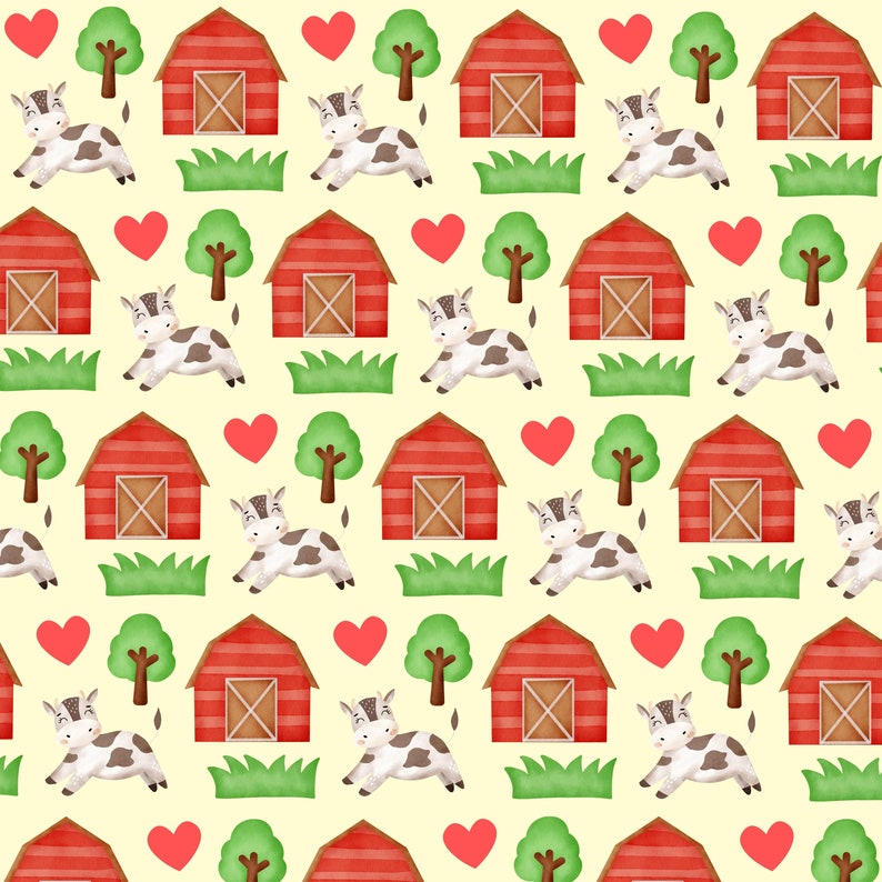 May include: A seamless pattern featuring red barns, green grass, and white cows with black spots. The background is a light yellow color and there are red hearts scattered throughout the pattern.