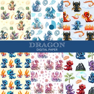 Puede incluir: Un conjunto de 10 papeles digitales con adorables dragones de dibujos animados en varios colores y poses. Los diseños incluyen dragones con llamas, flores y nubes. Los papeles son perfectos para scrapbooking, creación de tarjetas y otros proyectos de manualidades.