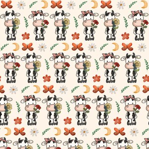 May include: A seamless pattern featuring cartoon cows with red and white checkered bows, holding bouquets of flowers. The background is a light beige with a repeating pattern of butterflies, crescent moons, and floral elements.