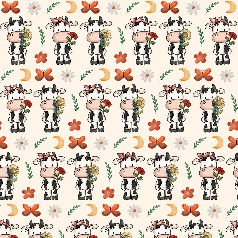May include: A seamless pattern featuring cartoon cows with red and white checkered bows, holding bouquets of flowers. The background is a light beige with a repeating pattern of butterflies, crescent moons, and floral elements.