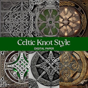 Może przedstawiać: Sześć wzorów papieru cyfrowego z misternymi wzorami celtyckich węzłów w kolorze srebrnym, złotym i zielonym. Wzory są ułożone w formie kolażu z tekstem "Celtic Knot Style" i "DIGITAL PAPER" na dole.