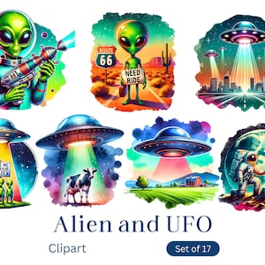 Clipart Alien en UFO - aquarelstijl - Cute Alien PNG - clipart transparante achtergrond