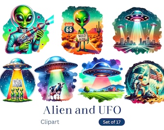Watercolor Alien & UFO Clipart – Cute PNG Set (17pc)