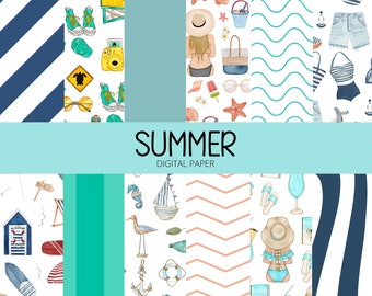 Summer Digital Paper - Summer Scrapbook Paper, Craft Paper, Junk Journals, Summer Vacation, Beach, Pattern Paper