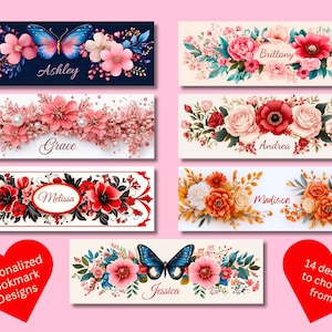 Può includere: Una collezione di 14 design di segnalibri personalizzati con composizioni floreali, farfalle e nomi. I design includono fiori rosa, rossi, arancioni e blu con foglie verdi. I nomi sui segnalibri sono Ashley, Brittany, Grace, Andrea, Melissa, Madison e Jessica.