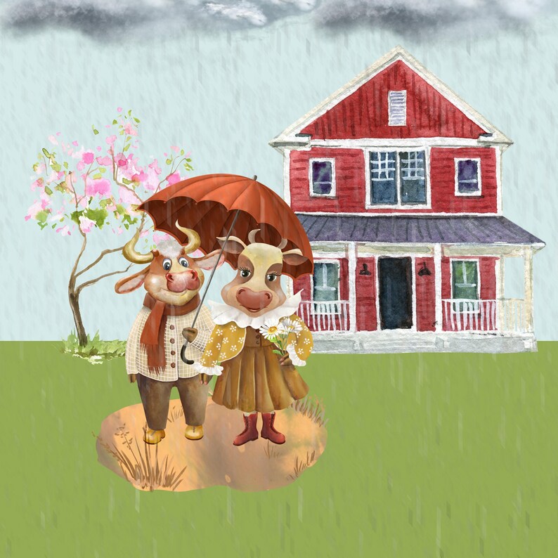 May include: Two cartoon cows, one brown and one white, stand under a red umbrella in front of a red house. The cows are wearing scarves and dresses. The house has white trim and a porch.