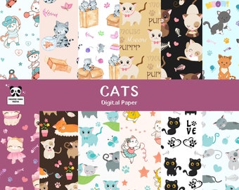 May include: A digital paper pack with 10 different patterns featuring cute cats in various poses and settings. The patterns include cats in boxes, cats with fish, cats with hearts, cats with stars, and cats with flowers. The text "CATS Digital Paper" is at the top of the image.