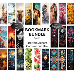 May include: A collection of 200 bookmark designs in a digital bundle. The designs feature a variety of themes, including nature, animals, abstract art, and fantasy. The bundle includes both PNG and JPG files, and offers lifetime access and commercial use rights.
