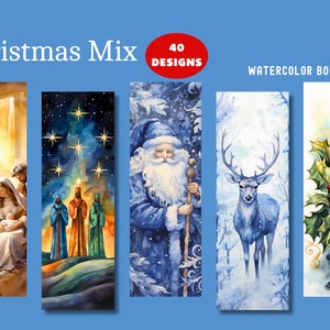 Kerstmix-bladwijzerbundel - religieus, blauw, aquarel