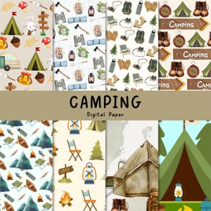 Camping Digitales Papier - Camping Scrapbook Papier, Junk Journals, Wandern, druckbar, Digitaler Download, Musterpapier