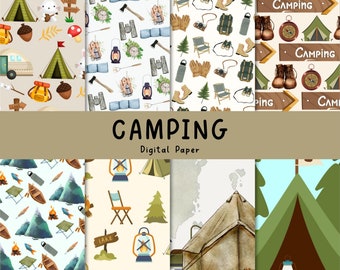 Camping Scrapbook Paper: Hiking, Tents, and Binoculars (Digital Download)